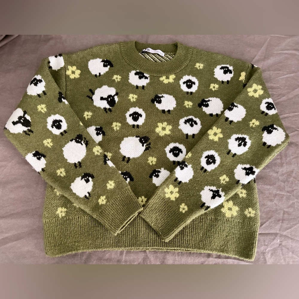 Zara Olive Sheep Pattern Sweater
